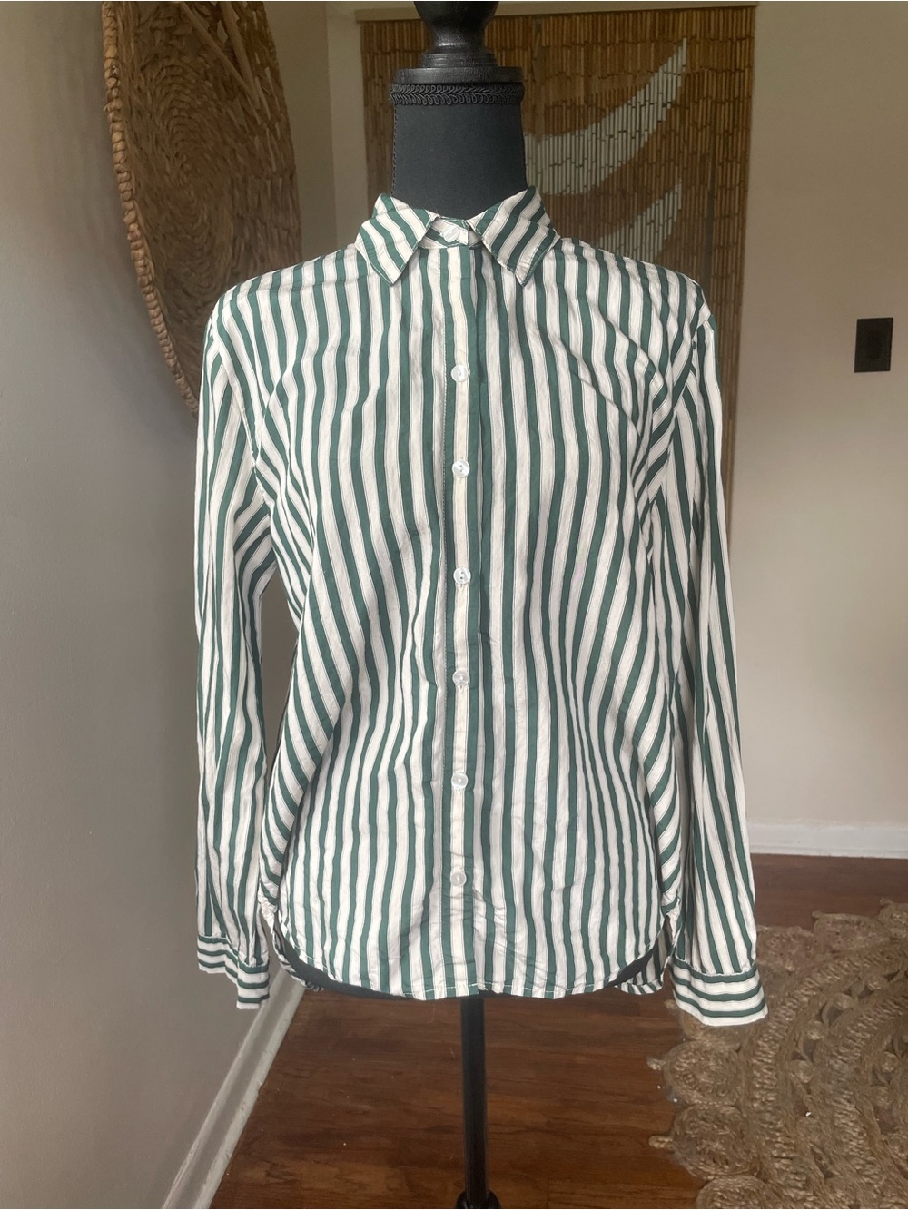 Jane and Delancey Green and White Striped Button-Down Shirt